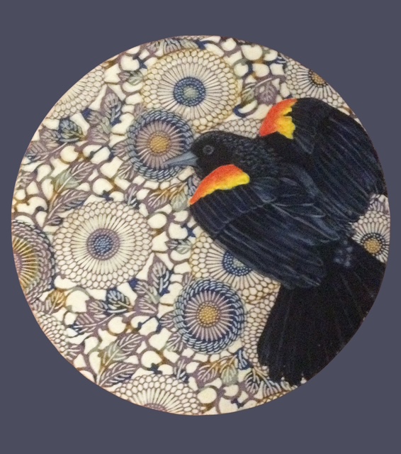 Black bird on flowers